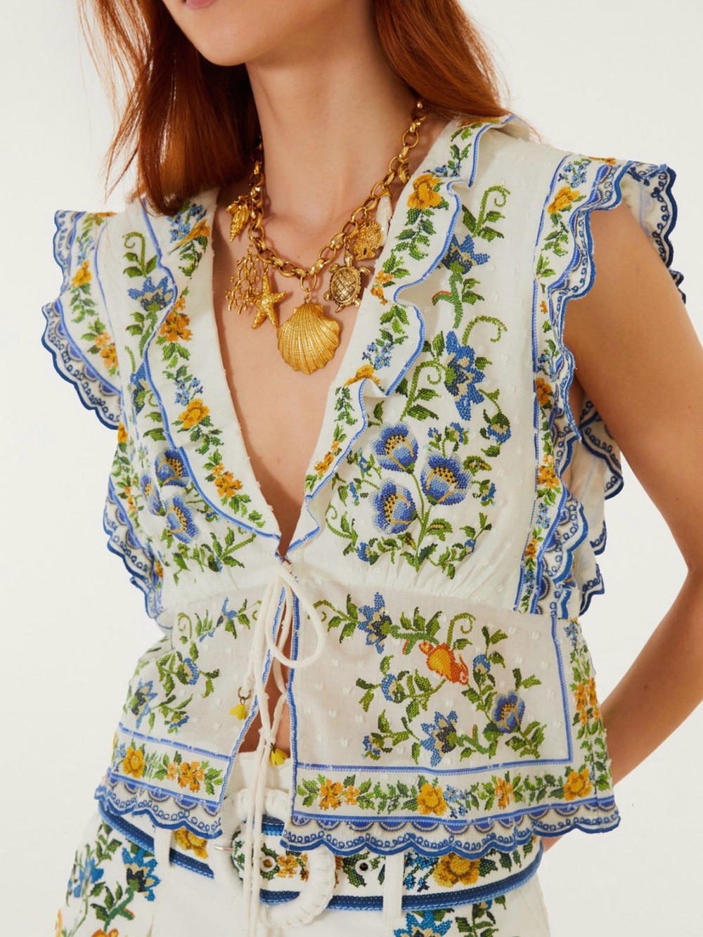 FARM Rio Emily Floral Deep V-Neck Embroidered Tie-Front Camisole